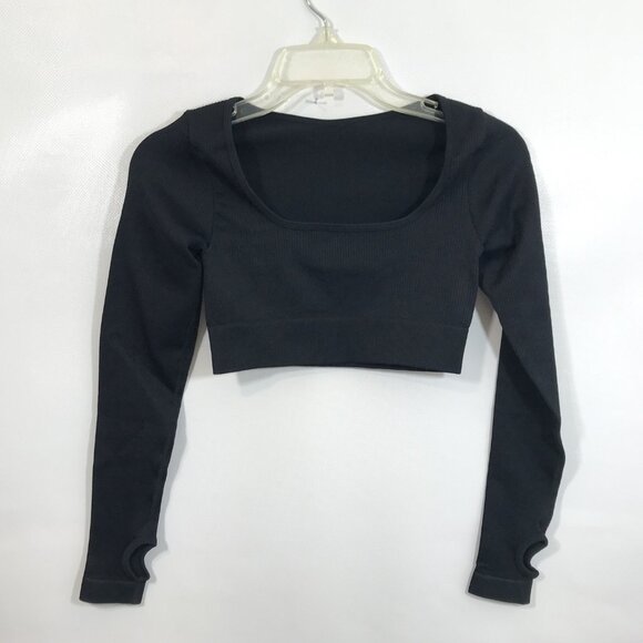 Ribbed Crop Top with Thumb Holes Black S - Picture 2 of 9
